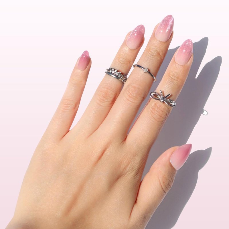 Plum Perfect Press-On Nails - Pink Ombre Short Almond Velvet Cat Eye | 16 Sizes, Reusable Stick-On Nail Kit for Women