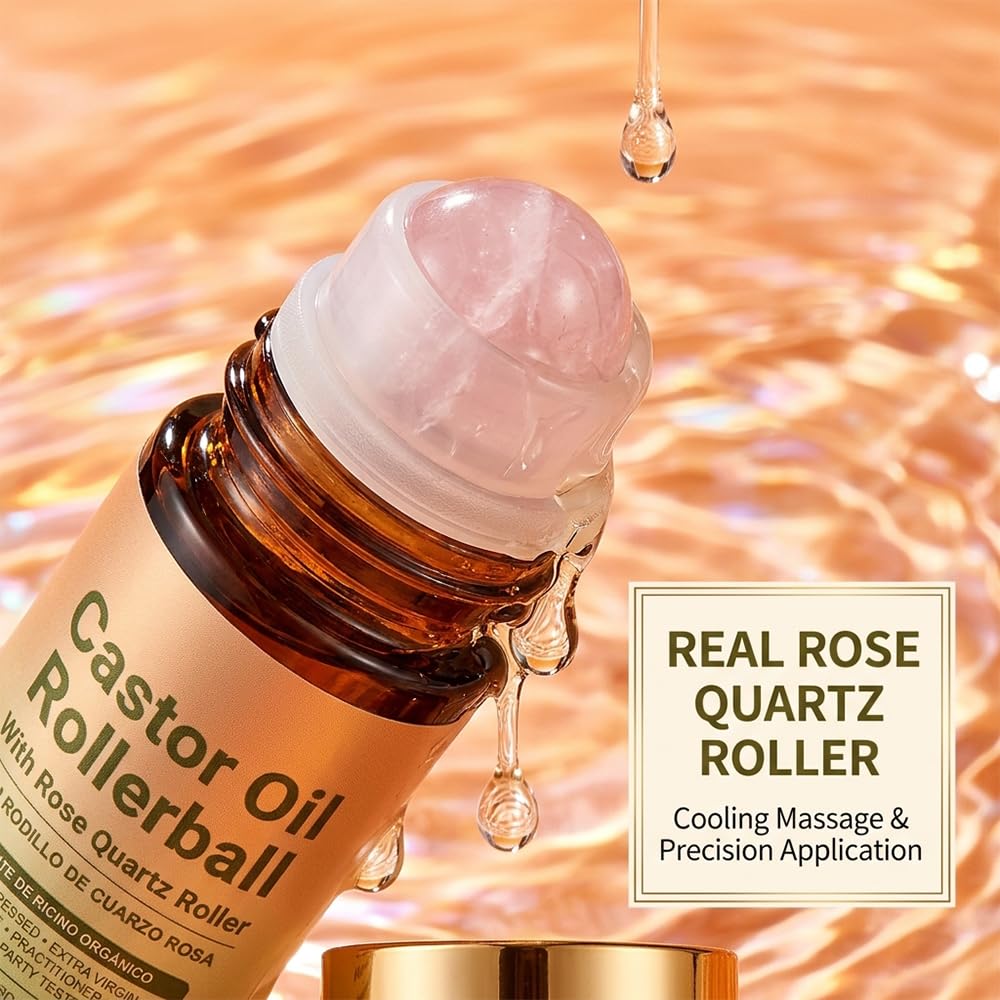 Castor Oil with Rose Quartz Roller - 100% Cold Pressed Moisturizing Oil for Face, Body & Hair | 1 Pcs