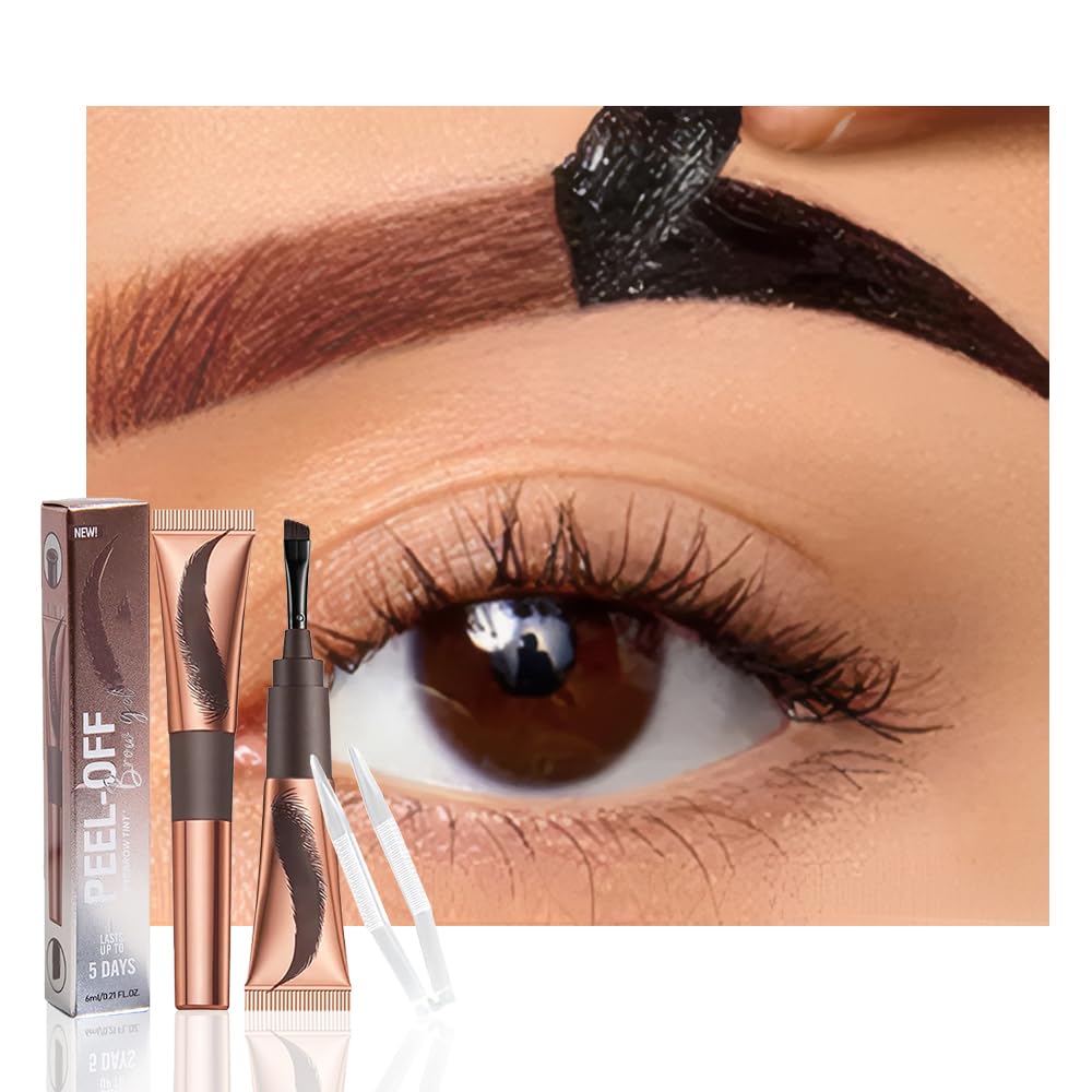 FeiCuiYun 2Pcs Eyebrow Tattoo Peel Off Tint Gel for Women, Red Brown Peel Off Eyebrow Tint with 150°Small Curved Tray with Tweezer, Last Up to 5 Days, Waterproof, Fuller & Defined Looking Brows