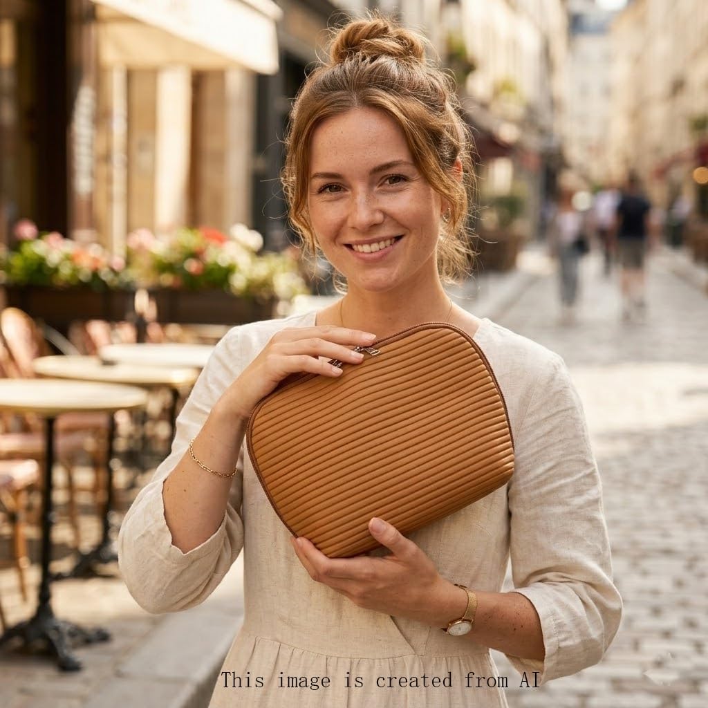 Travel Makeup Bag - Waterproof Stand Up Cosmetic Organizer with Brush Holders | Medium Chestnut, Fold-Down Design for Skincare & Toiletries