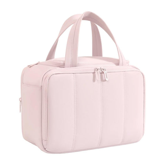 SODEER Cute Puffy Toiletry Bag for Women,Large Makeup Bag,Travel Cosmetic Bag with Adjustable Dividers & Trolley Sleeve,Toiletries Organizer,Light Pink