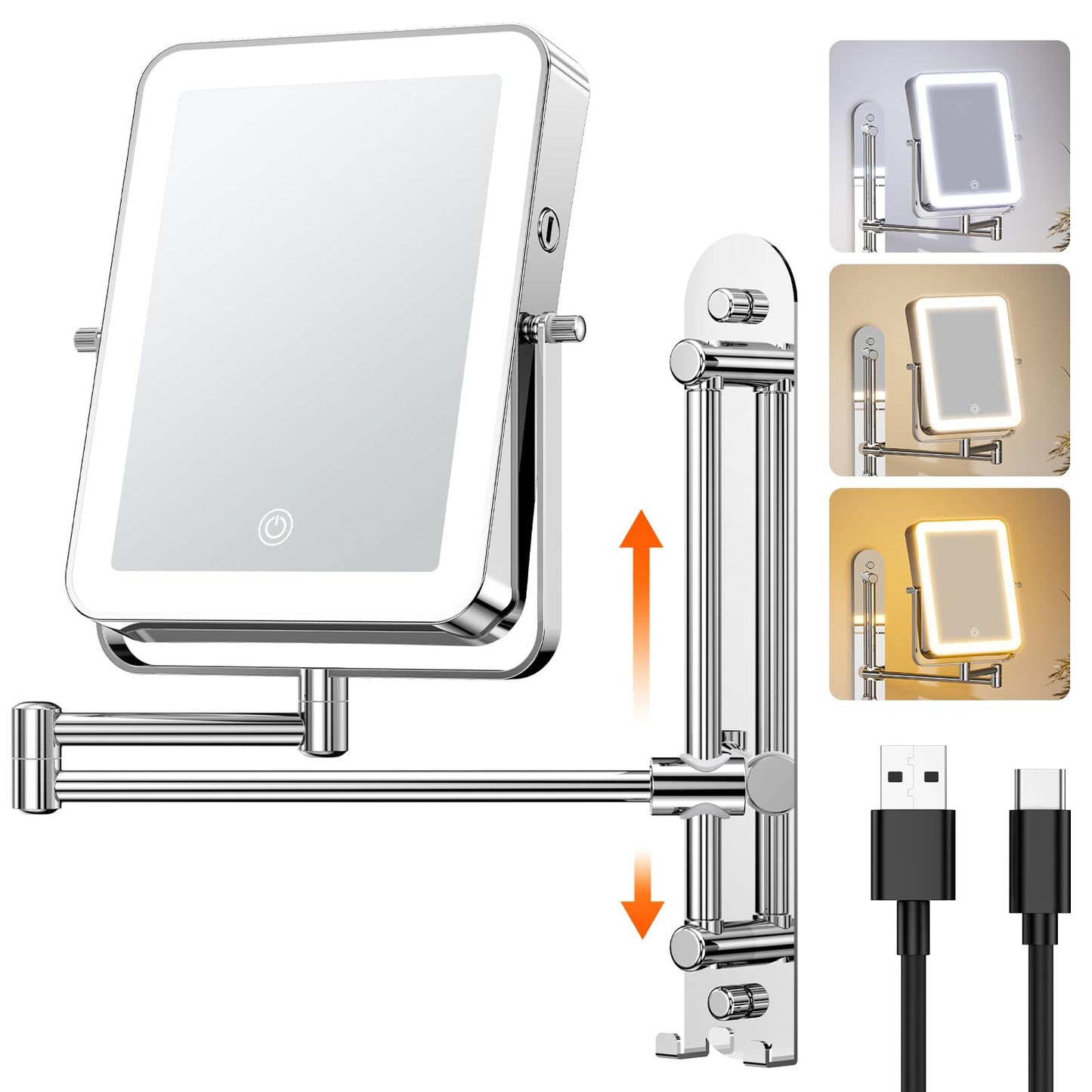 Gospire Height Adjustable Wall Mounted Lighted Makeup Mirror with Hooks, 3000mAh Rechargeable with 1X/10X Magnification, 3 Light Colors and Stepless Dimming for Bathroom