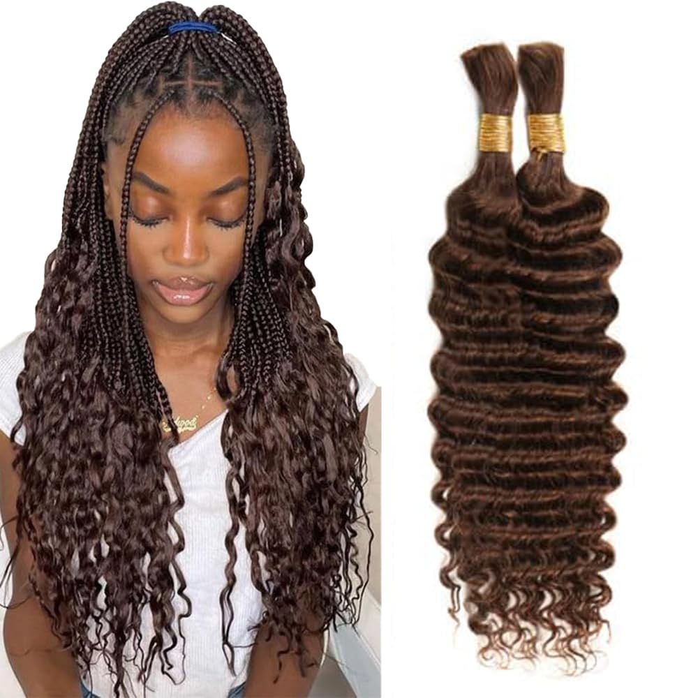 #4 Chocolate Brown Human Braiding Hair for Boho Braids 2 Bundles 16 16 Inch 100g Deep Wave Braiding Hair for Bohemian Knotless Braids Unprocessed Virgin Hair Extensions