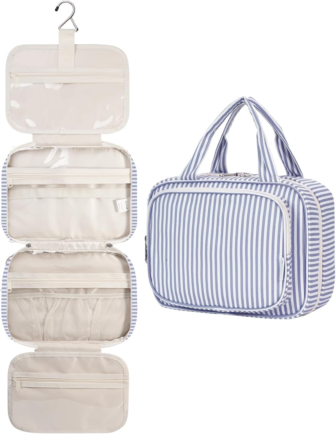 Striped Hanging Toiletry Bag for Women - Travel Makeup Organizer | Medium Dusty Pink Stripe