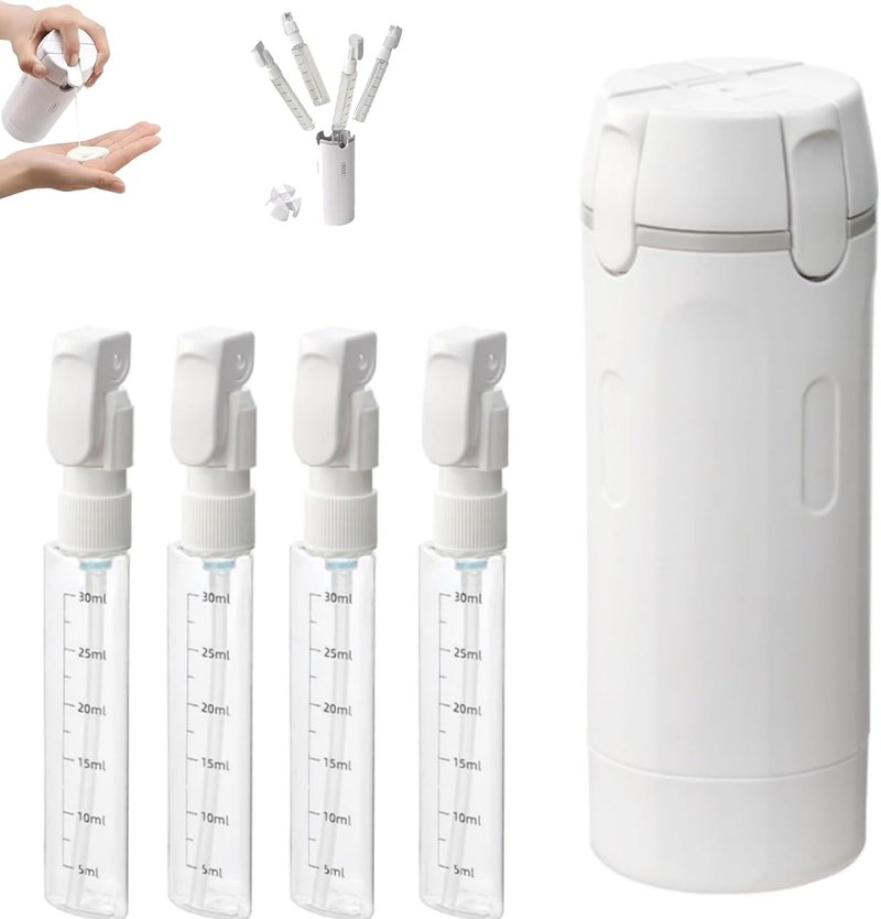 Travel Toiletry Bottles Set - 4 in 1 Portable Containers for Shampoo, Lotion & Conditioner | Transparent with Scale & Labels (White)