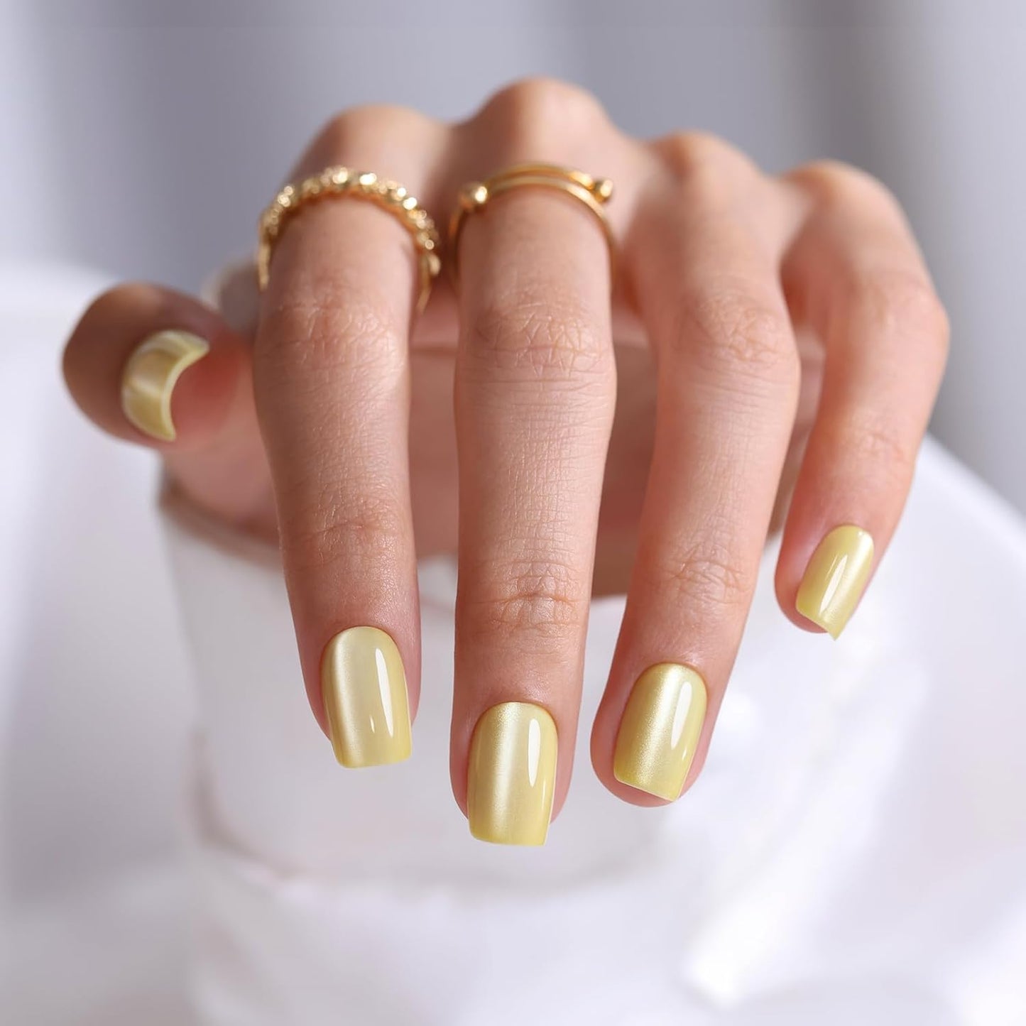 Chrome Press On Nails - Oval Soft Gel Nude Short for Women | 32 Reusable Glossy Glue-On Nails in 16 Sizes