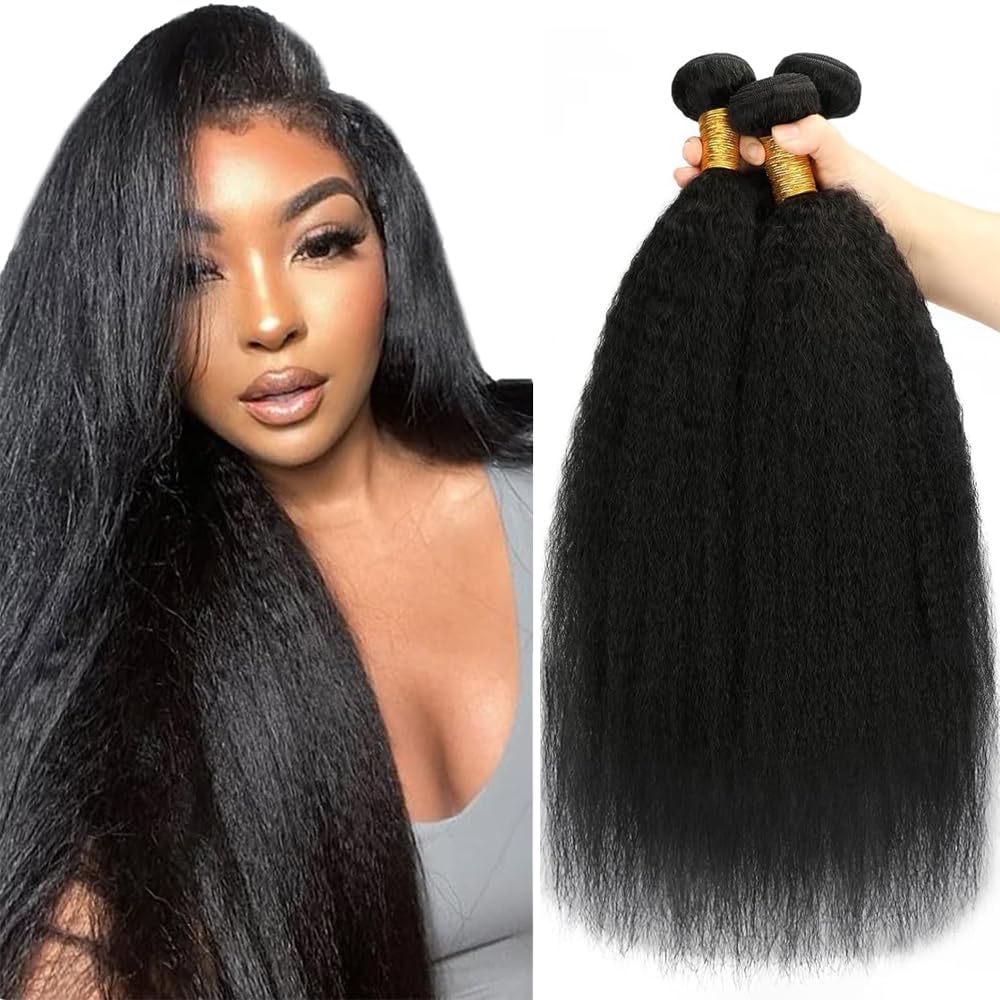 Kinky Straight Human Hair Bundles 22 24 26 Inch 3 Bundles/300g Double Weft Natural Black Color Yaki Bundles Human Hair Weave For Black Women
