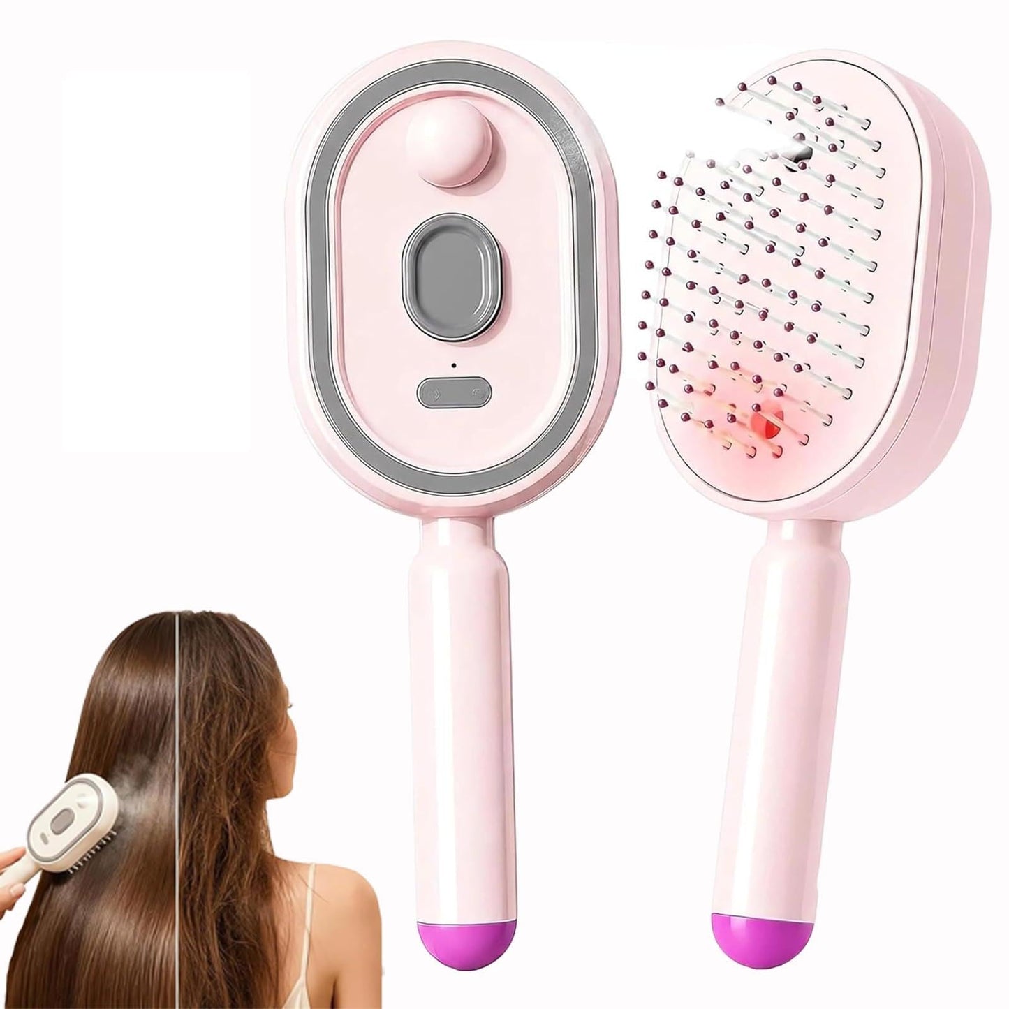 Electric Spray Air Cushion Massage Comb, Rechargeable Self-Cleaning Anti-Static Detangling Hair Brush, Misting Hair Tool for Dry Frizzy Damaged Hair Reduce Frizz Nourishes Hairs (Pink)