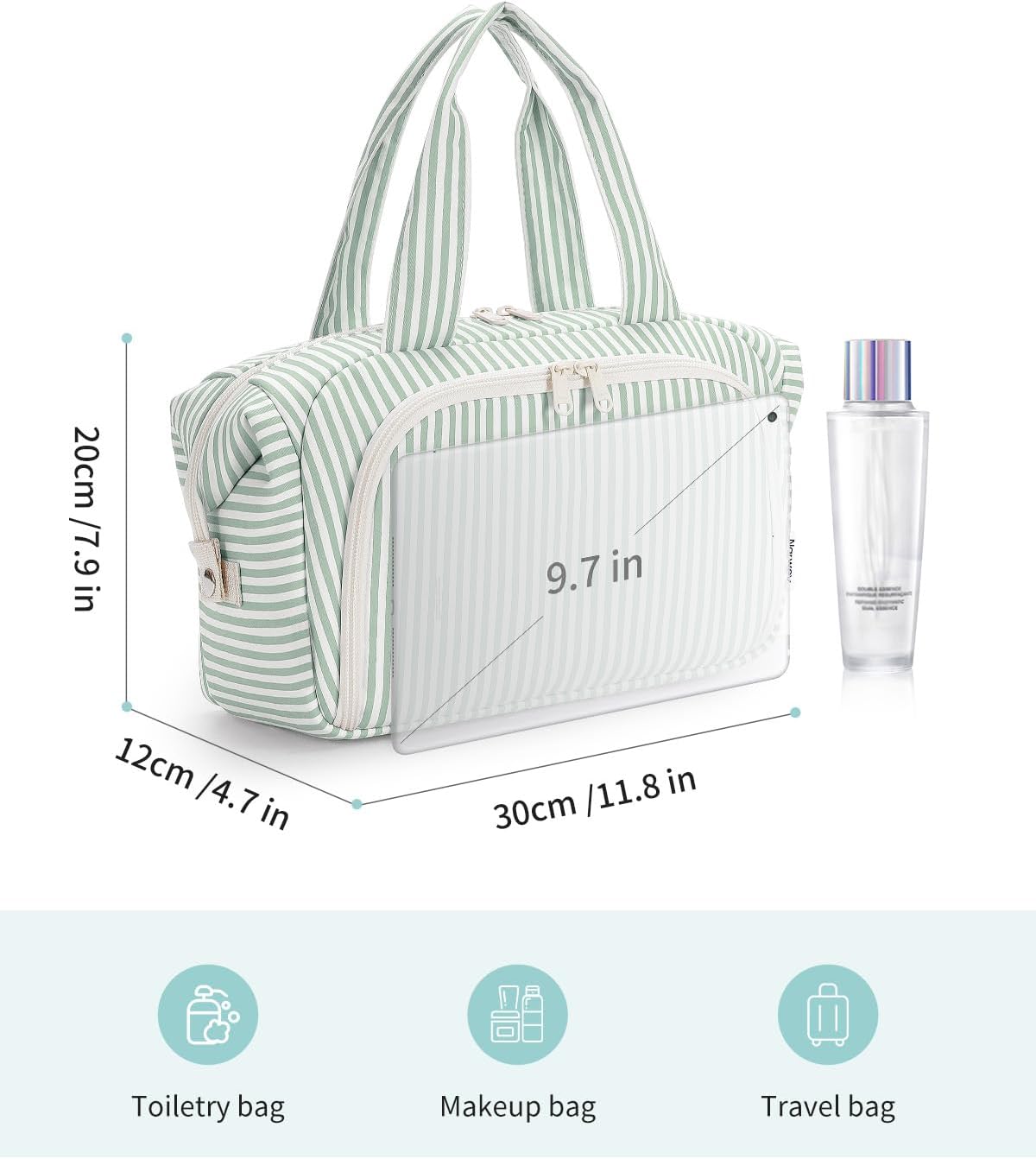 Travel Toiletry Bag for Women - Large Makeup Organizer with Handle | Mint Green Stripe, Wet Pocket for Essentials