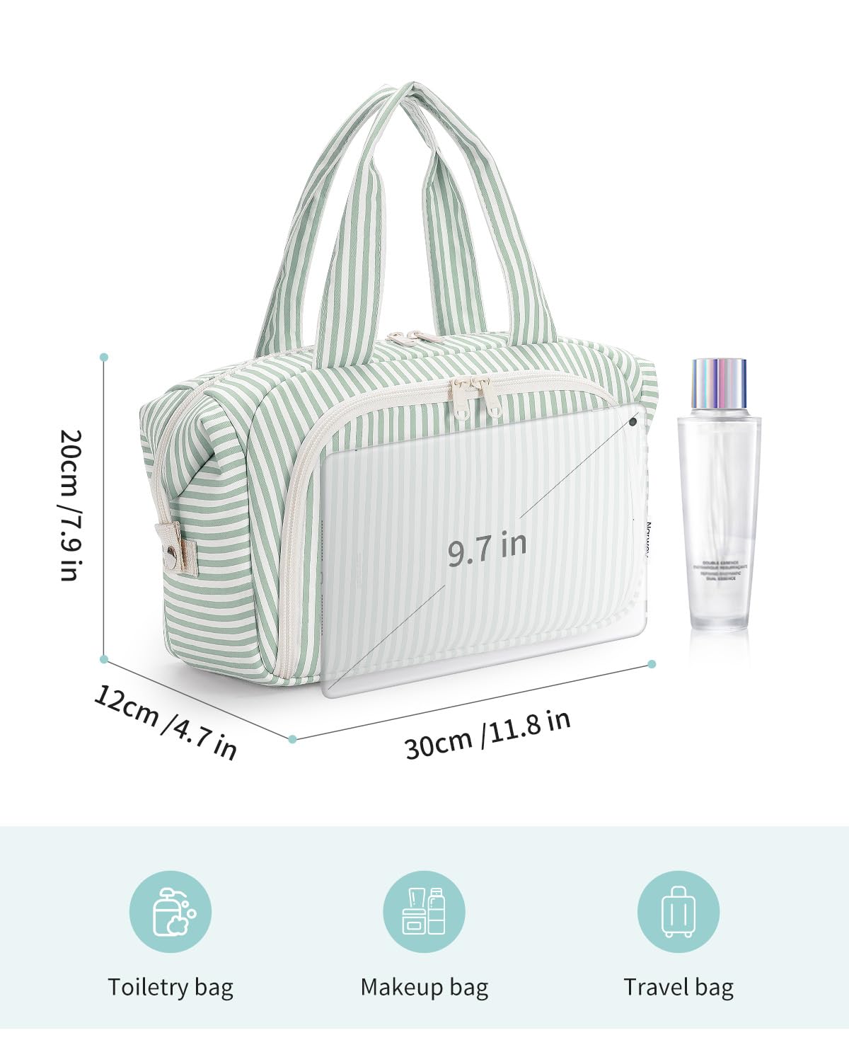 Narwey Travel Toiletry Bag for Women, Wide Open Large Makeup Bag, Cosmetic Bag Make Up Organizer with Handle, Wet Pocket for Towel, Travel Bag for Toiletries, Brushes, Essentials (Mint Green Stripe)