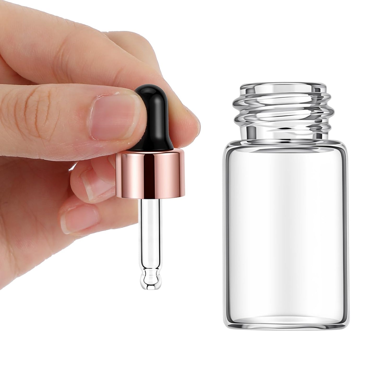 Bremorou 15 Pcs 3ml Mini Glass Dropper Bottle for Essential Oil Small Clear Sample Dropper Vails with Rose Gold Caps Makeup Containers for Essence Liquid Cosmetic Containers