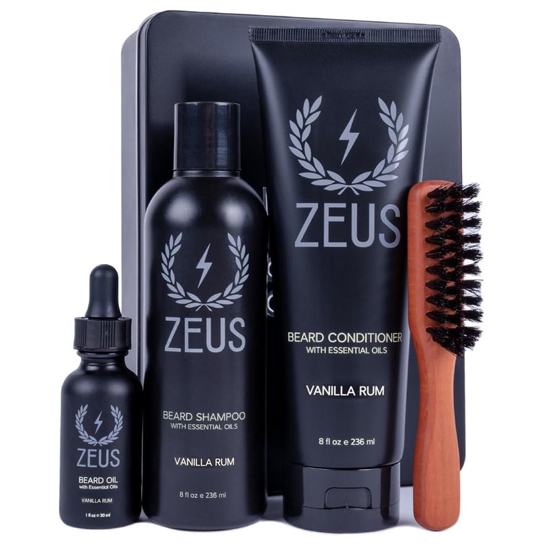ZEUS Deluxe Men’s Beard Care Set – Luxury Grooming Kit with Wash, Oil & Brush, Perfect for Husband, Dad or Boyfriend (Vanilla Rum)