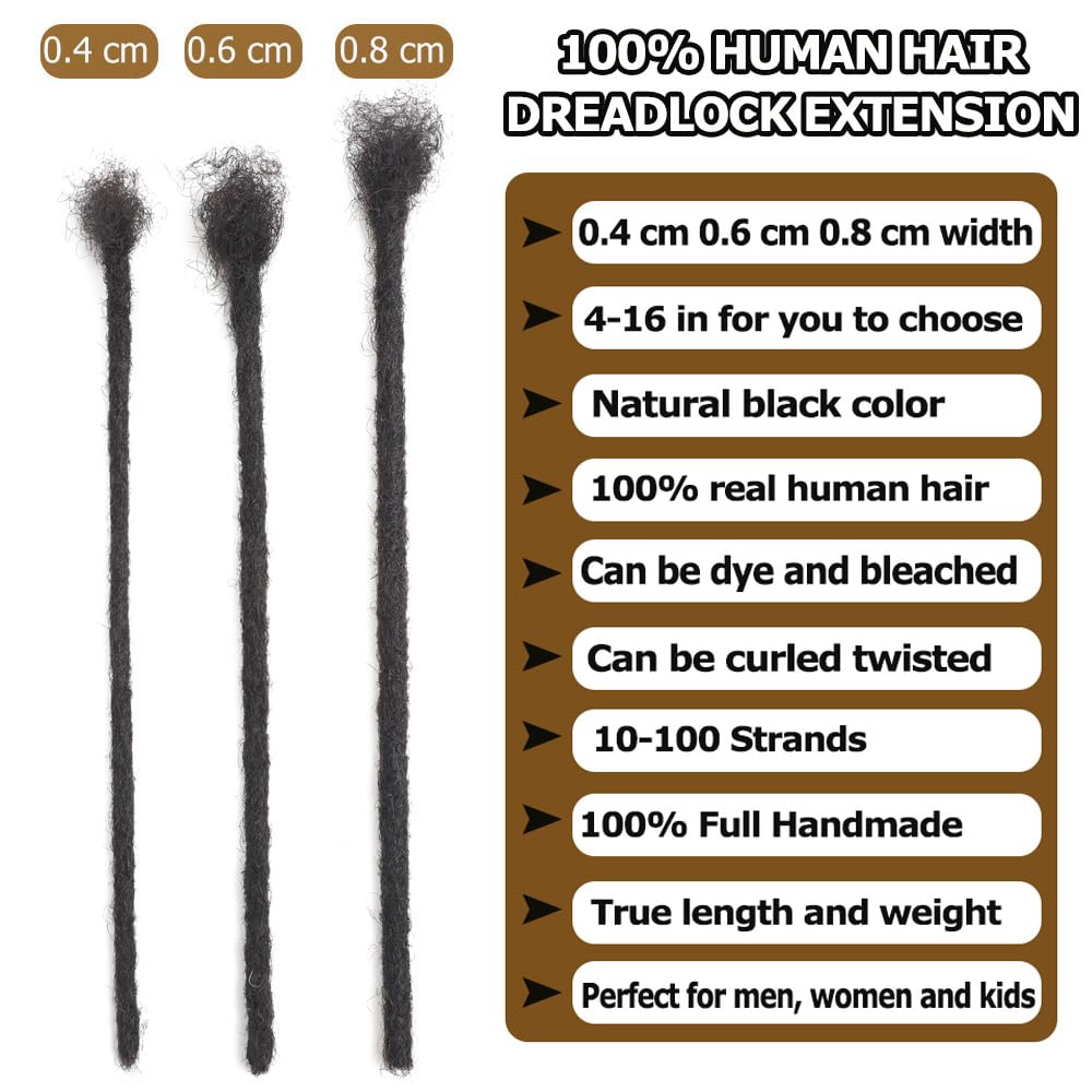 Dreadlock Extensions - 100% Human Hair, Handmade Permanent Locs | 30 Strands, 4 Inch, Can Be Dyed & Curled