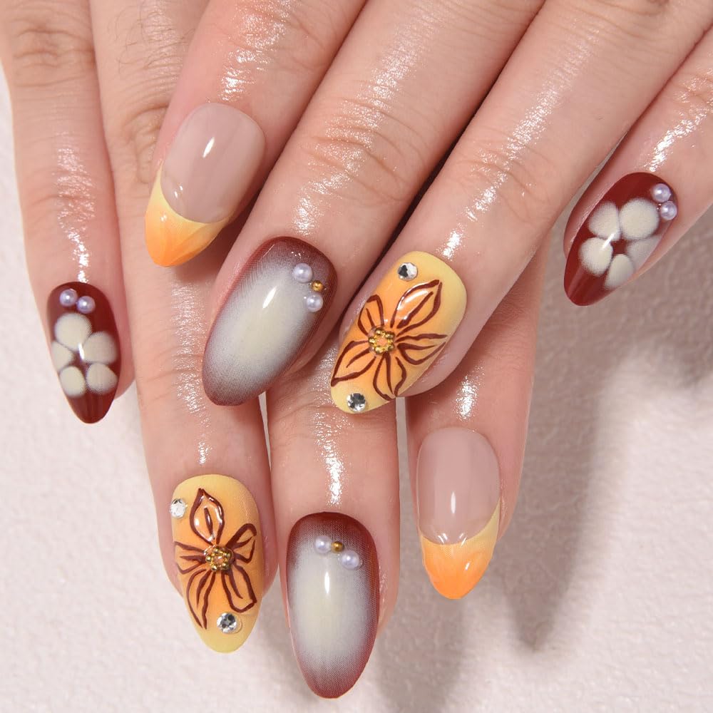 Nude Cat Eye Press-On Nails - Short Almond Shape with Gold French Tips | Reusable Soft Gel Set for Women