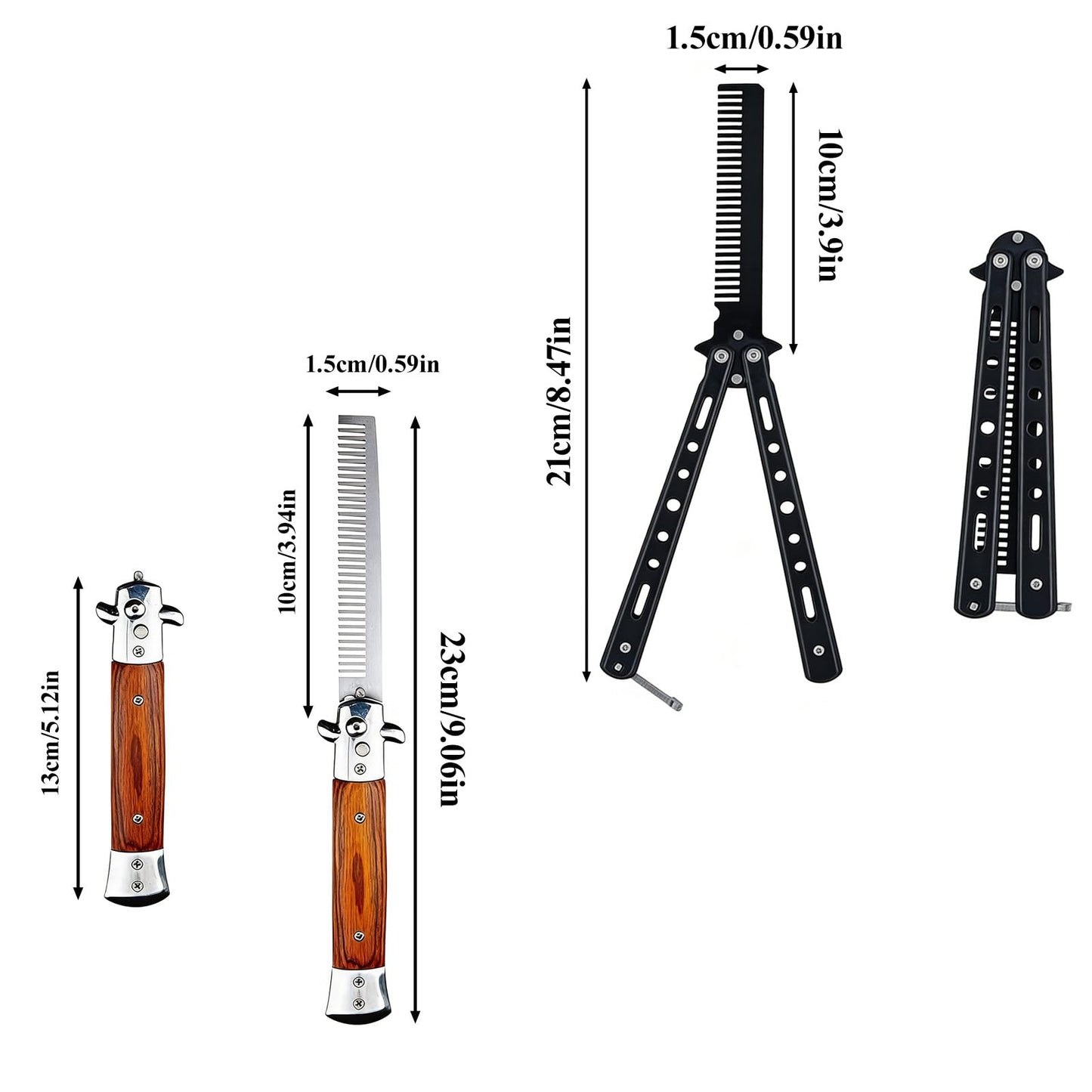 2PCS Automatic Switch Folding Practice Combs Stainless Steel Butterfly Knife Comb Wood Grain and Square Black Switchblade Combs Portable Switch Blade Comb for Men Grooming Travel Outdoor