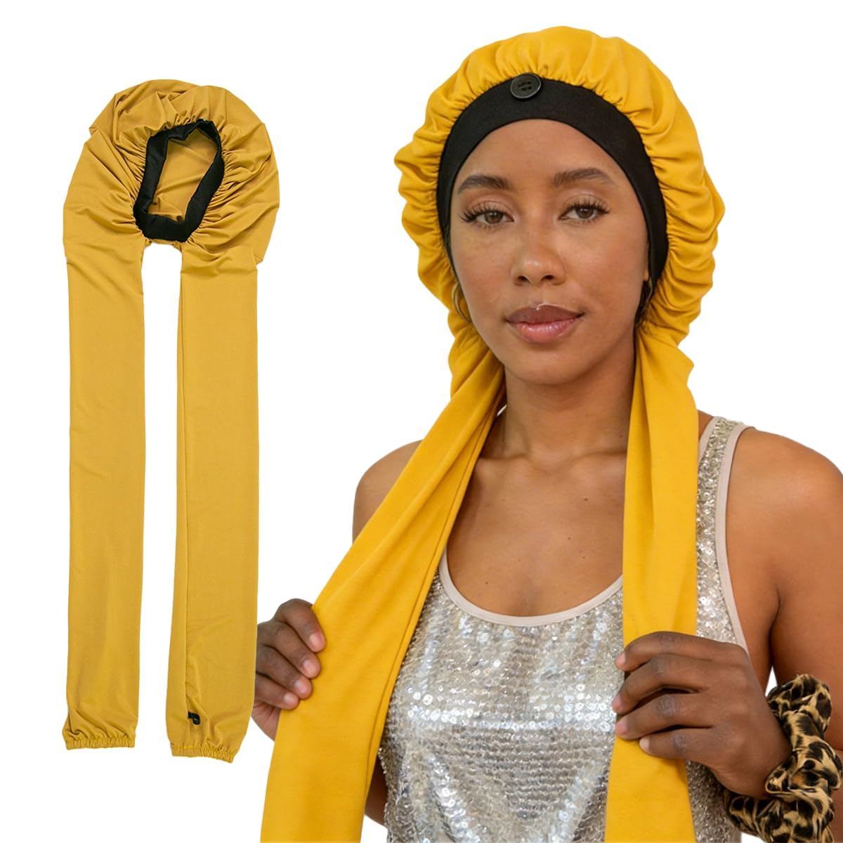 Hair Bonnet for Braids, Adjustable Long Hair Sleep Cap, 2-in-1 Protection for Women Curly Hair, Turmeric