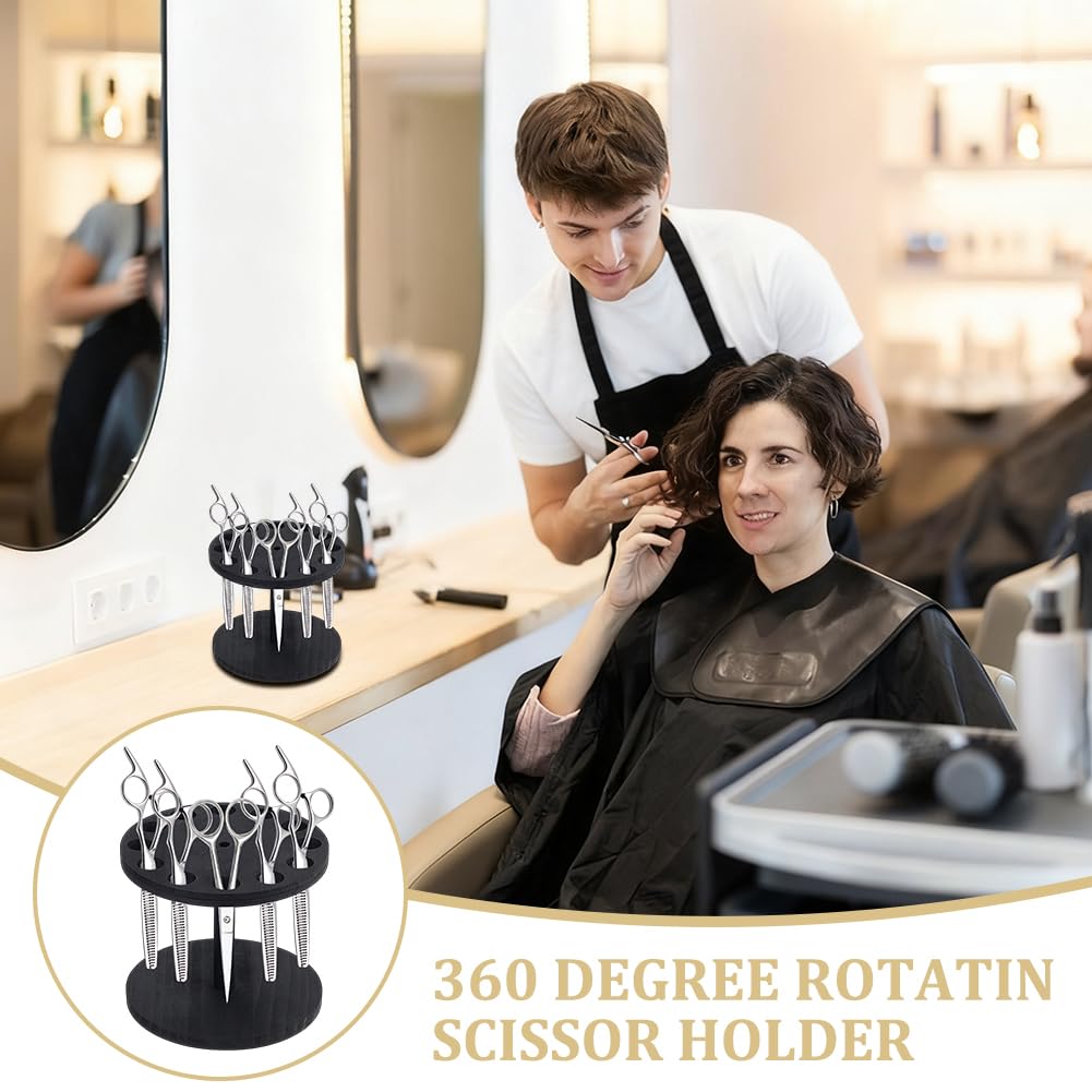 AHANDMAKER 12 Holes Rotating Scissor Holder 360° Wooden Barber Tool Organizer with 0.7in Diameter Hole Tool Storage for Salon Station Art Studio Decoration, Black