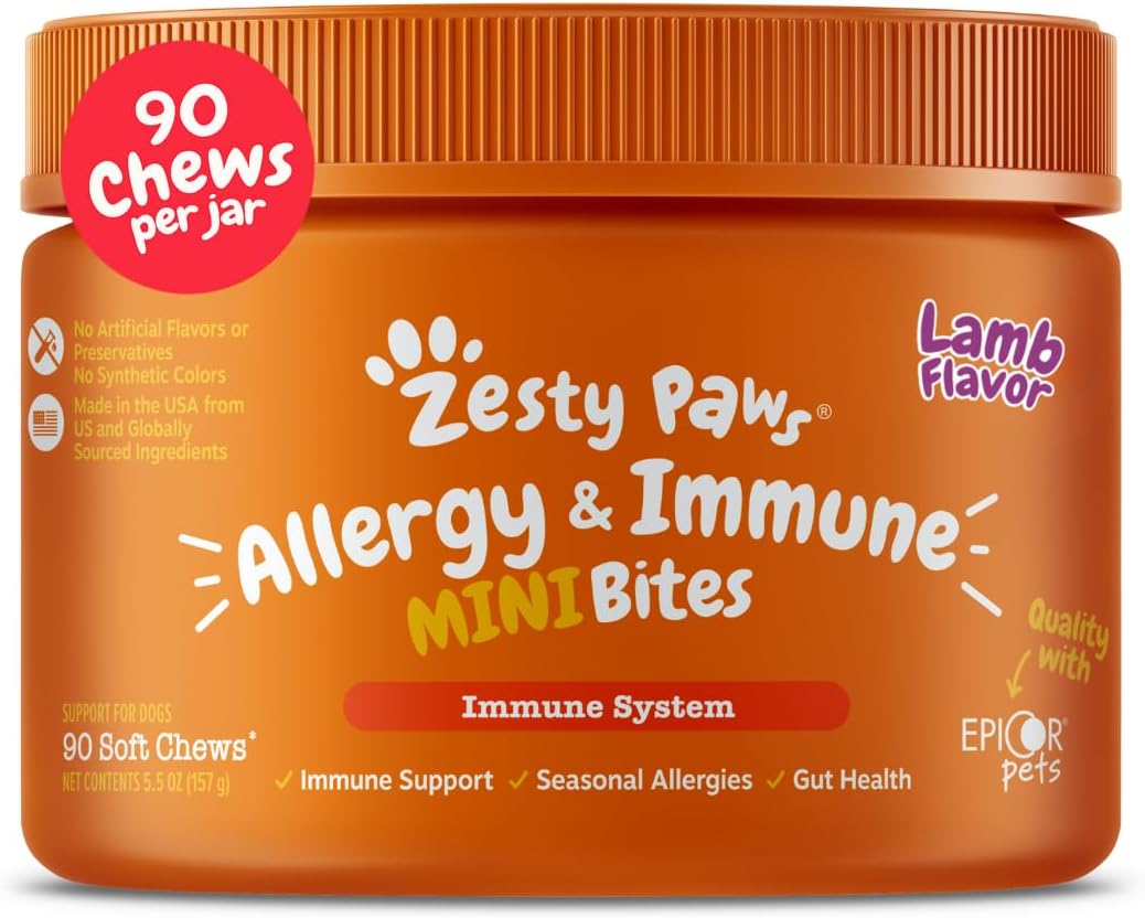 Zesty Paws Allergy Immune Bites - Dog Allergy Chews for Itchy Skin & Ears | Lamb Flavor, 90 Count