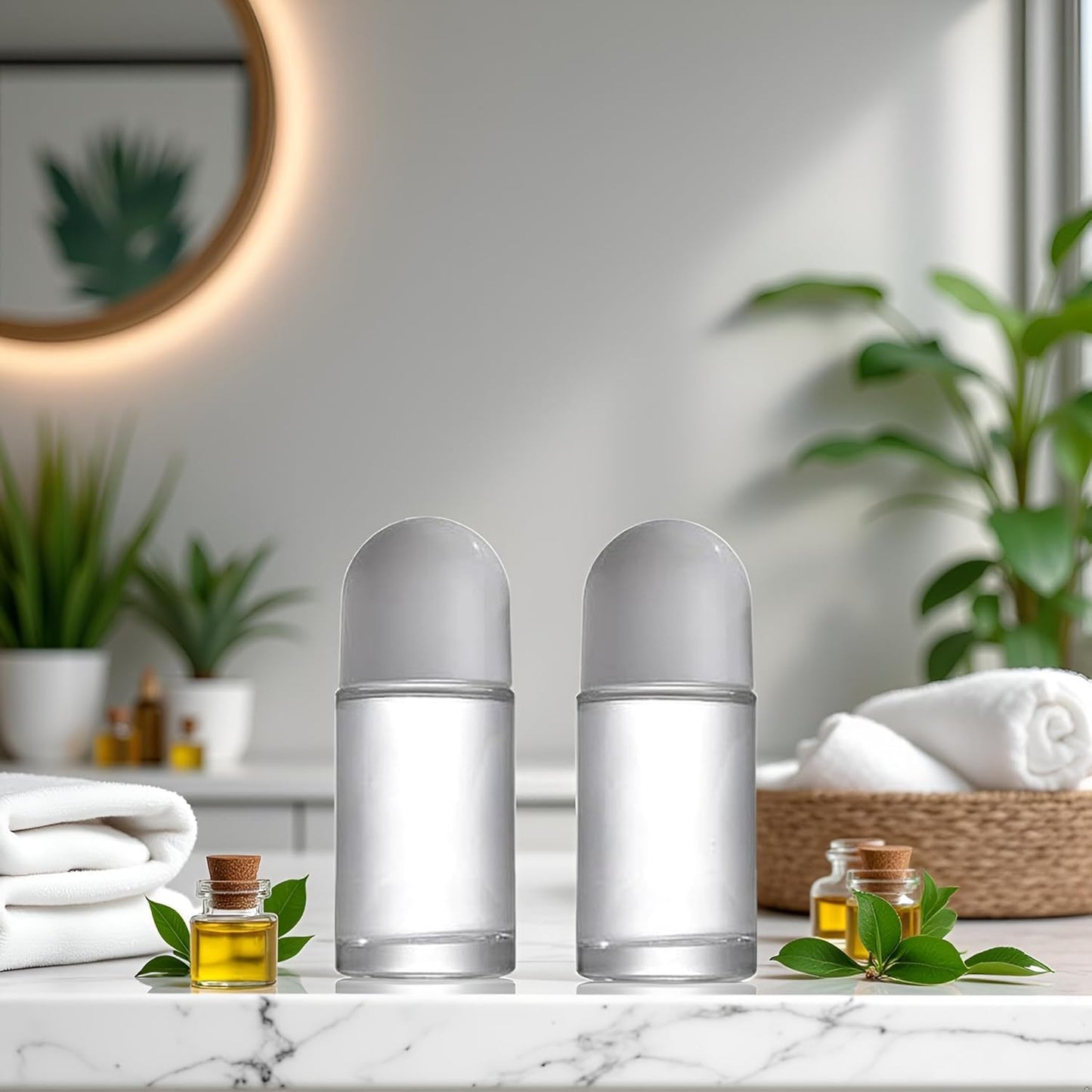 WLSuDHoncc 2 Pcs 50ML Glass Empty Roller Bottles with Plastic Roller Ball, Roll On Bottles Containers Leak Proof Massage Roller Ball with White Cap for Essential Oil Refillable Containers