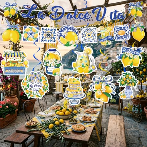 La Dolce Vita Party Decorations Set - 10pcs Lemon Banners & Swirls