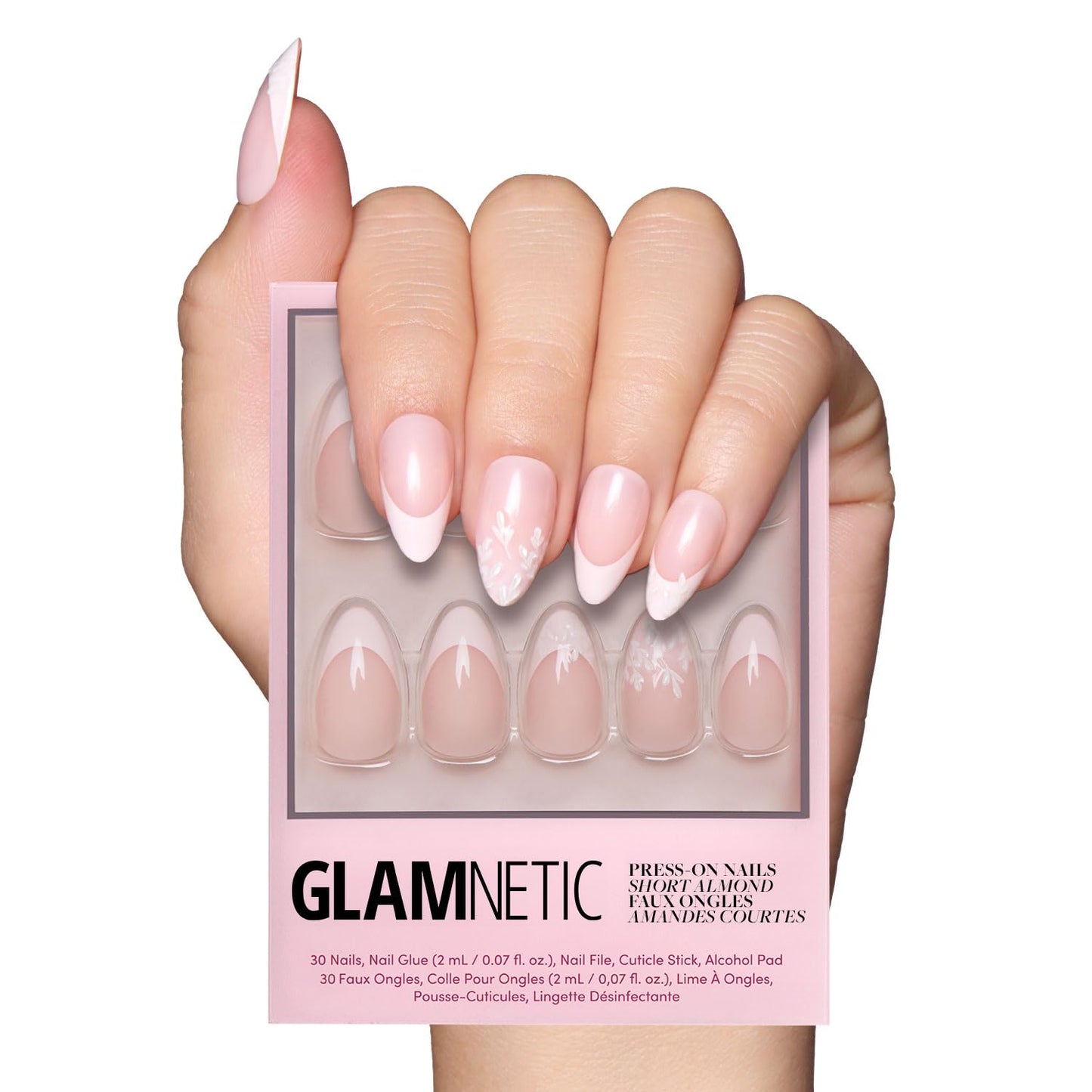 Glamnetic Press-On Nails - Pink Me Up Spring Almond Nails | Pastel Pink French Tips with 3D Pearls - 30 Nail Kit, 15 Sizes
