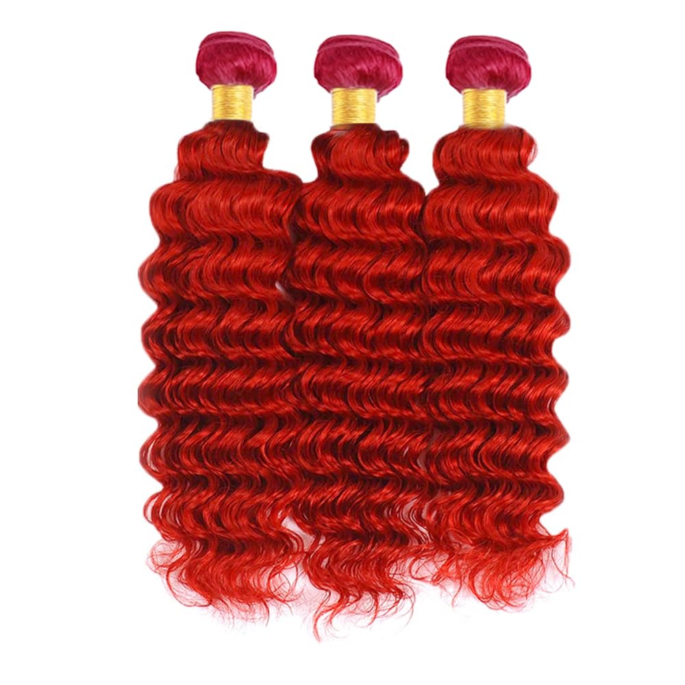 26 26 26 Inch GveoXvo Red Bundles Human Hair Light Red Deep Wave Bundles Peruvian Virgin Remy Burgundy Deep Wave Bundle Hair Weave