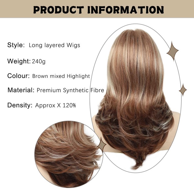 Long Layered Wavy Wig for Women - Heat-Resistant Synthetic Hair | Brown with Blonde Highlights
