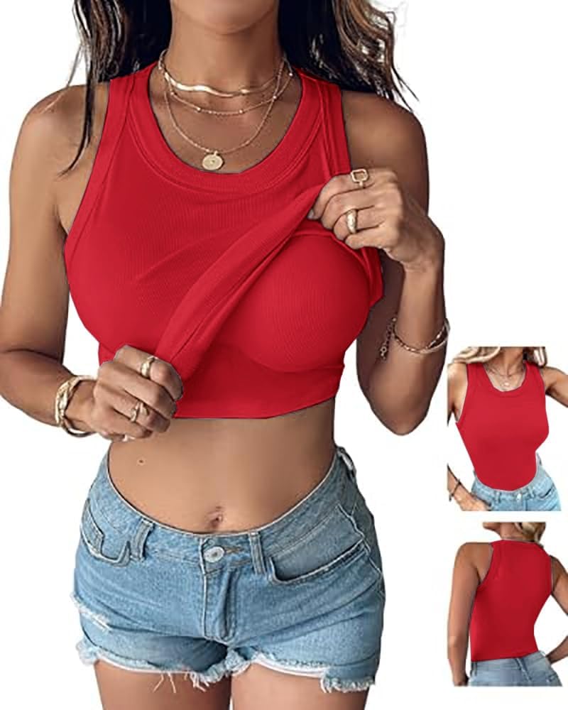 Women’s Built-In Bra Tank Top - Sleeveless Racerback Ribbed Fitted Shirt | Casual Style