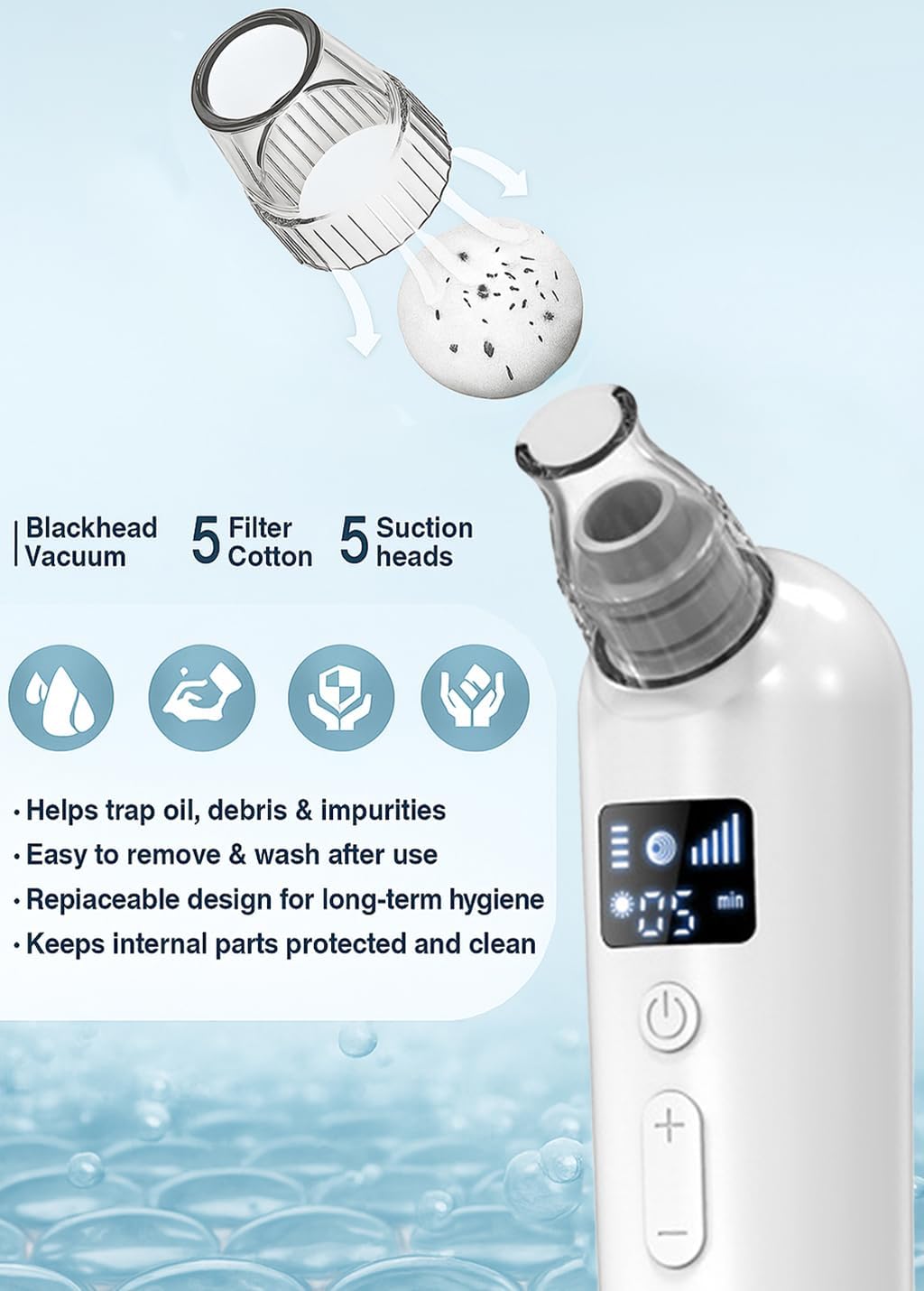 Blackhead Remover Vacuum - Rechargeable Pore Cleaner with Heat & Red Light | 5 Suction Levels, 6 Probes, LED Display