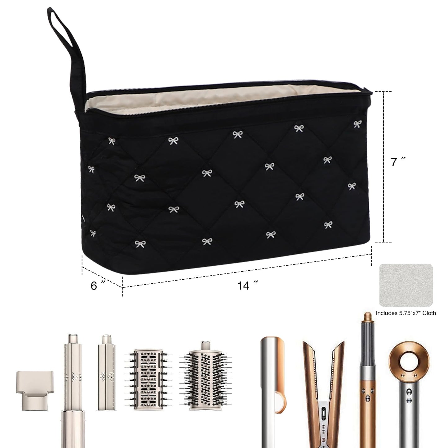 Stratalife Quilted Hair Tools Travel Bag with Polishing Cloth Compatible with Dyson Airwrap Shark Flex Style, Portable Toiletry Bag Hair Dryer Curling Iron Carrying Case Travel Essentials Black Bow