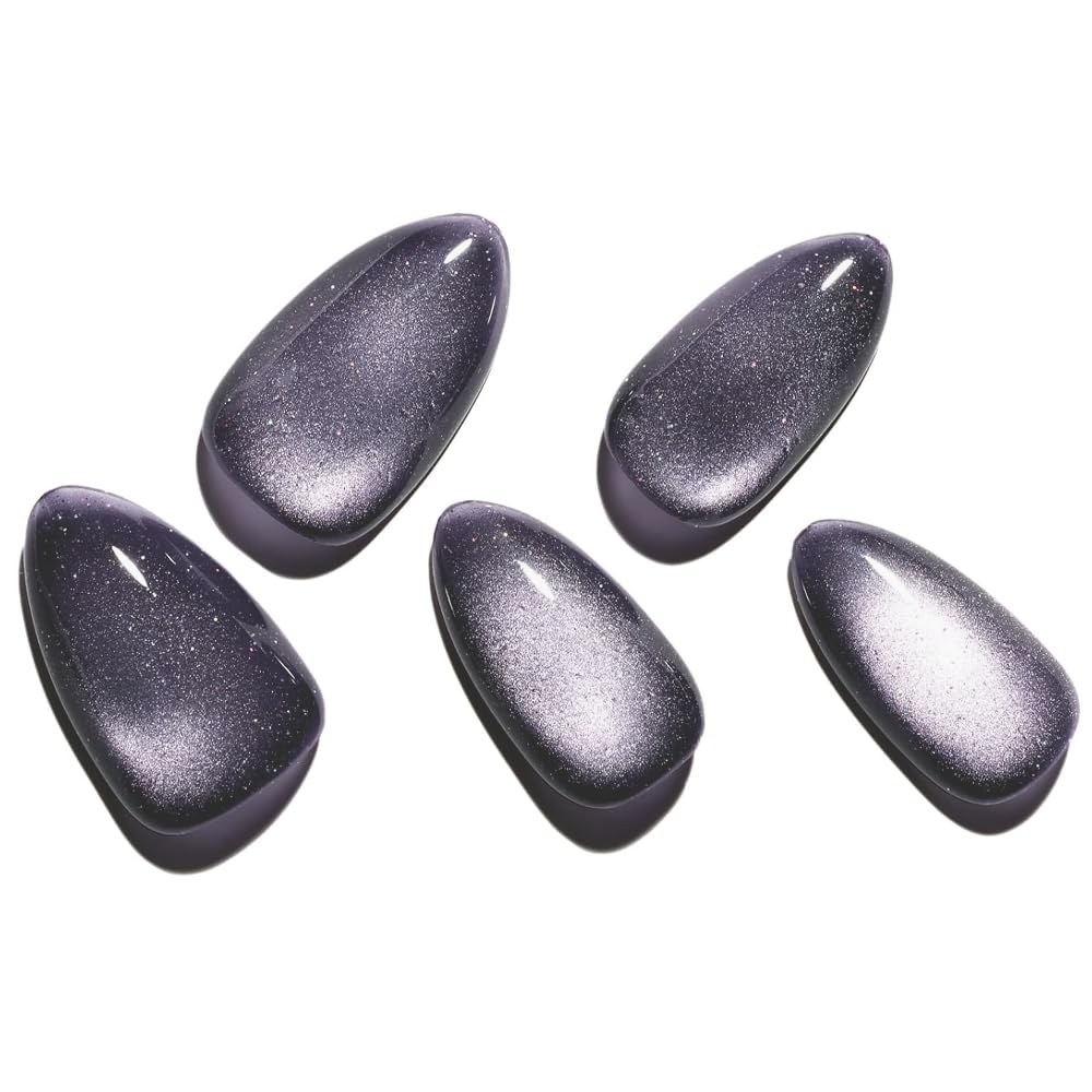 Dark Purple Magnet Cat Eyes Press-On Nails - Short Almond Shape | Handmade Jelly Gel Kit with Ombre Glitter