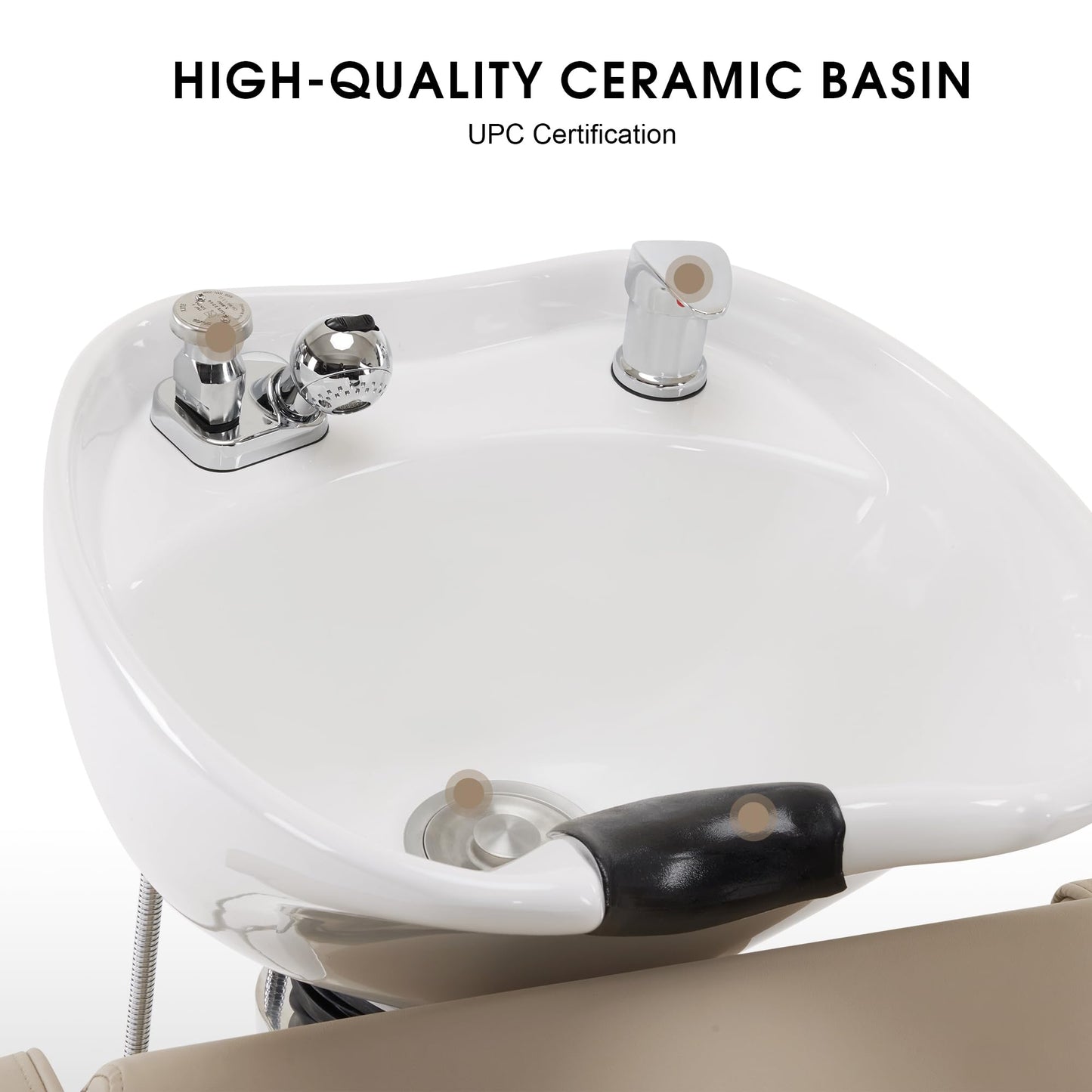 BarberPub Backwash Shampoo Station Chair, Adjustable Porcelain Ceramic Hair Wash Bowl Sink Unit Station, Reclining Shampoo Station Chair for Spa Beauty Salon Hair Salon Equipment 9303 (Beige)