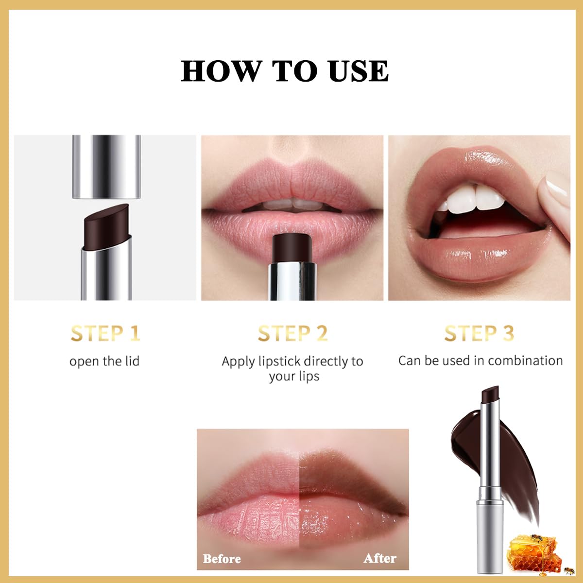 Honey Lipstick - Tinted Hydrating Lip Balm with Sheer Formula | Natural Glossy Finish (1 PC Black)