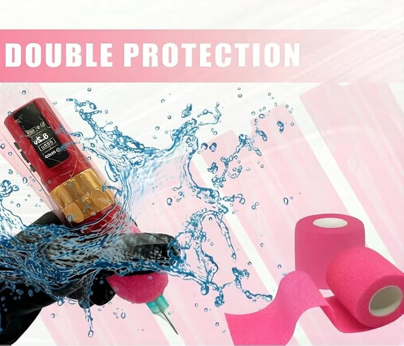 LEEYUKA 200Pcs Large Tattoo Pen Covers + 6 Grip Tapes Pink/Black Pink