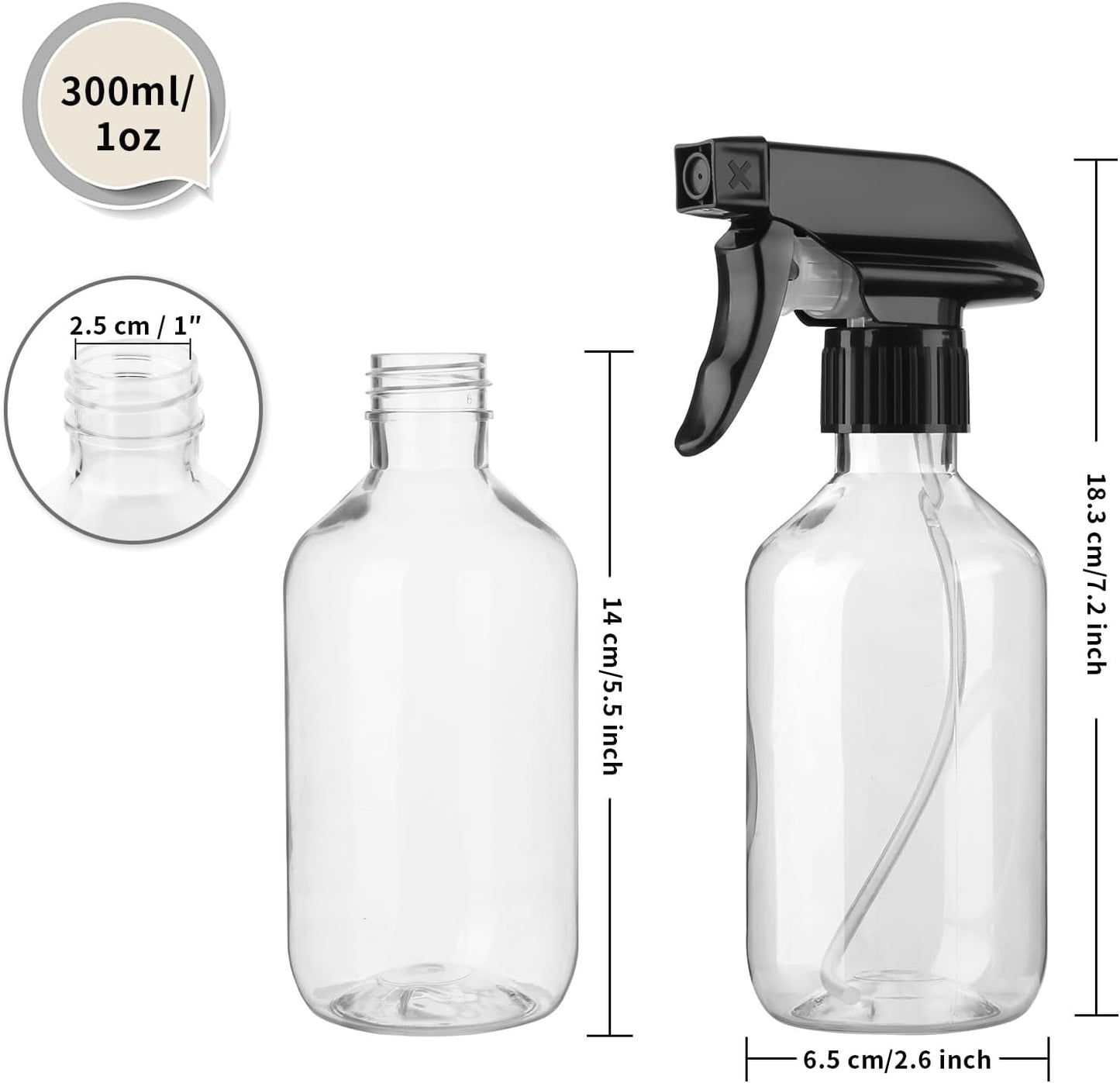 Leakproof Spray Bottles - 2-Pack 300ml/10oz with Adjustable Nozzle for Fine Mist & Jet Stream | Refillable Plastic for Hair, Plants, Cleaning (Clear)