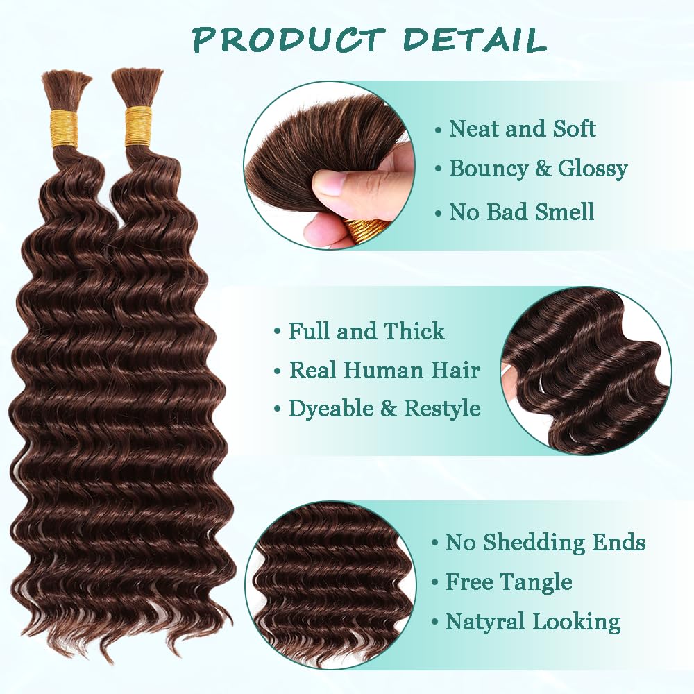 Human Braiding Hair 24 Inch 100g Chocolate Brown Deep Wave Bulk Human Hair for Braiding No Weft Curly Bundles Hair Extensions for Boho Knotless Wet and Wavy Braids