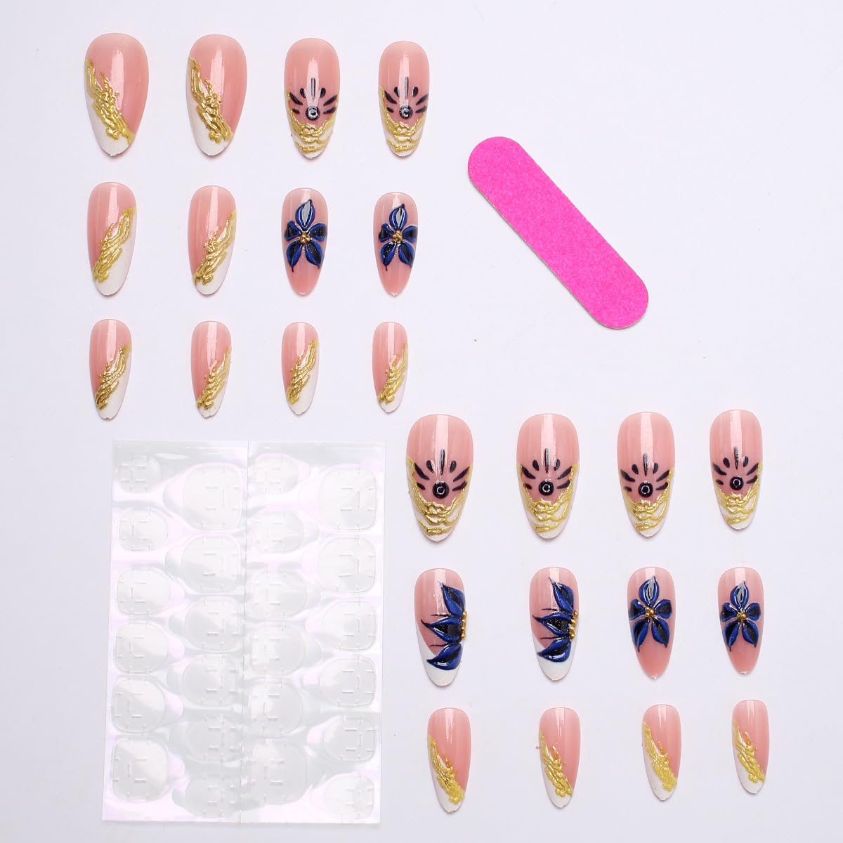 Blue Floral Press-On Nails - Almond Shape Chrome Gold French Tip | 24 Pcs Medium Length Full Cover Acrylic Art for Weddings & Daily Use