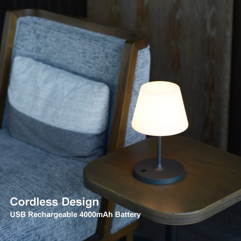 LOTITOL Outdoor Table Lamp/Cordless USB Rechargeable 4000mAh / 2700K LED/Touch Dimmable/Portable Battery Operated / IP44 Waterproof/PE Shade/Bedroom Dinning Camping Patio (9.6in, Dark Grey)
