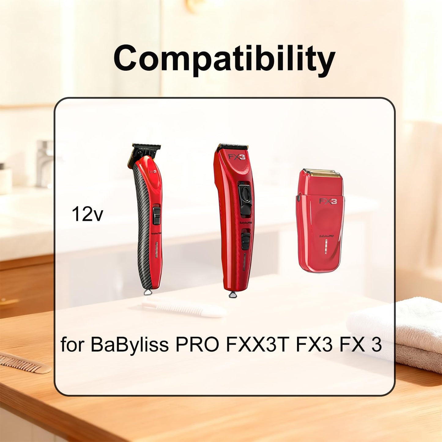 12V Replacement Charger for BaByliss PRO FX3 FXX3T Cordless Hair Trimmer AC Adapter Power Cord DC12V Compatible with FX3C FX3 Models