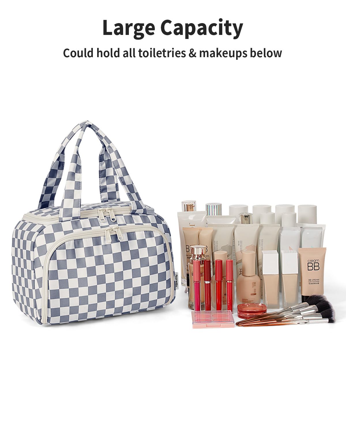 Narwey Checkered Travel Toiletry Bag for Women Large Makeup Bag, Wide-open Cosmetic Make Up Organizer with Handle, Travel Bag for Toiletries, Essentials, Accessories (Greyish Blue Checkerboard)