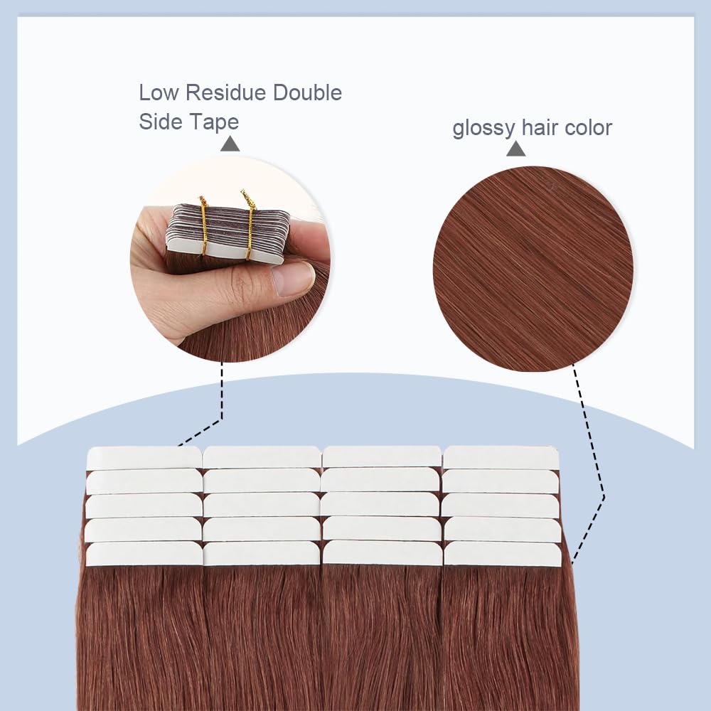 14 Inch #33 Reddish Brown Tape in Extensions Human Hair Copper Straight Tape ins Hair Extensions Auburn Brown Hair Skin Weft Remy Hair 40g 10Pcs.