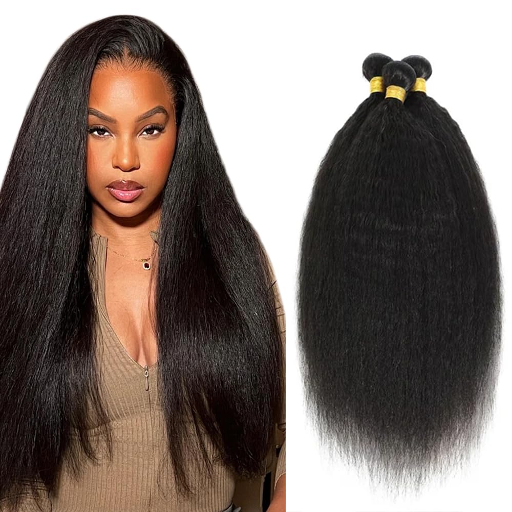 26 28 30 Inch Yaki Straight Bundles Human Hair Bundles #1B Natural Black Color Kinky Straight 3 Bundles 50g/Bundle Unprocessed Brazilian Virgin Weave Hair Extensions for Black Women