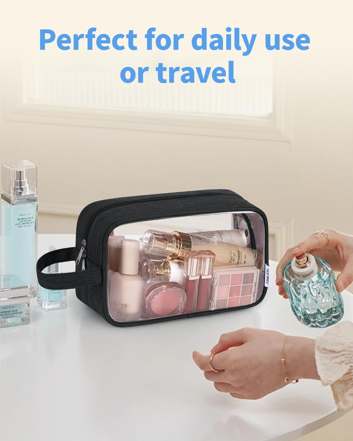 Clear Travel Toiletry Bag - Makeup Organizer with Zipper & Handle | Versatile Cosmetic Pouch for Men & Women - Black