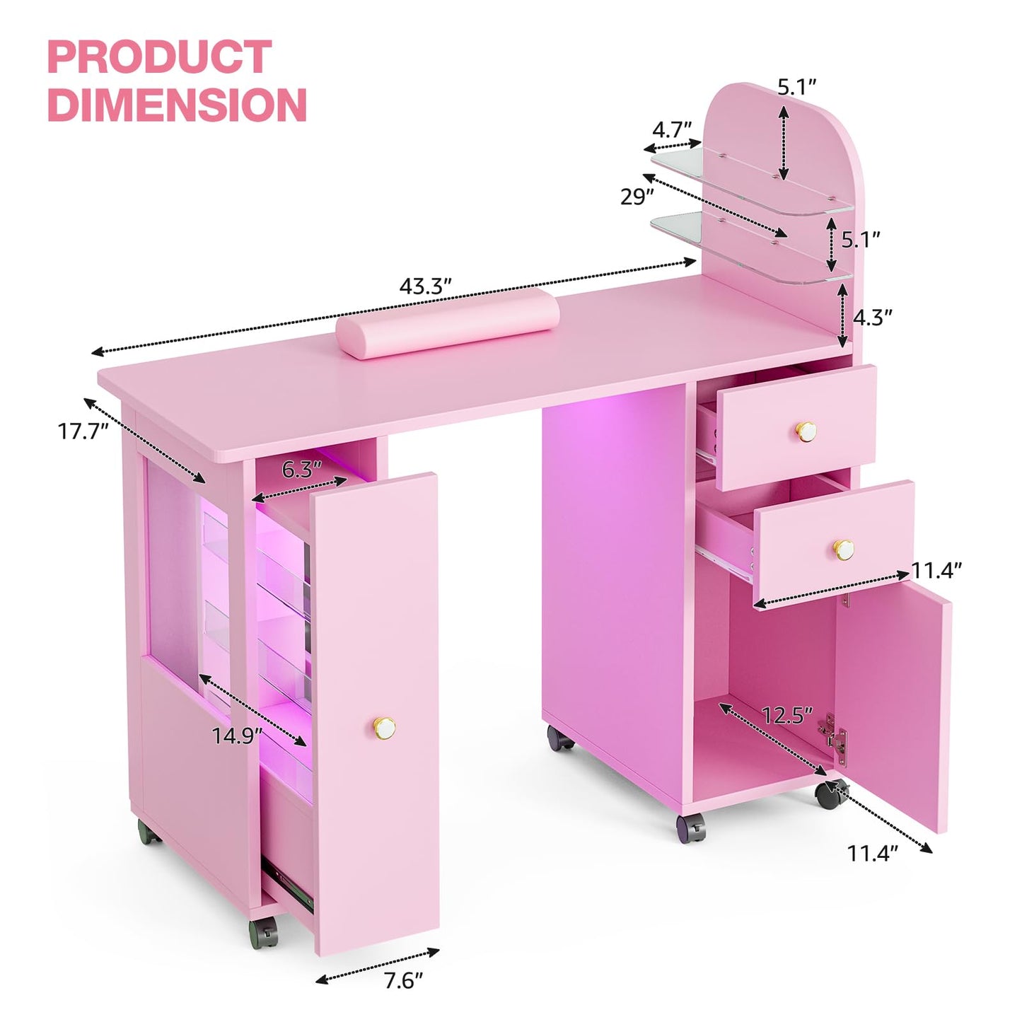 TTGIEET Professional Nail Desk for Nail Tech w/LED Light Display Cabinet, Rolling Manicure Table with Lockable Wheels, Storage Drawers, Wrist Cushion, Acetone Resistant, for Beauty Salon, Spa & Home