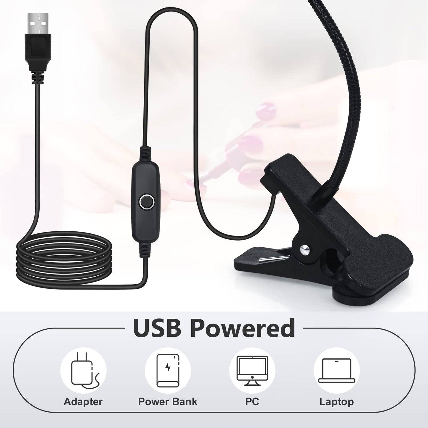 Geisofu UV Nail Lamp - UV Light for Gel Nails, Flash Cure Lamp, LED Gooseneck Flash Cure Lamp for Nails, Manicure Dryer Black Light with Clamp, 365+395nm Wavelength 5V 3W 4 Levels Dimming Black
