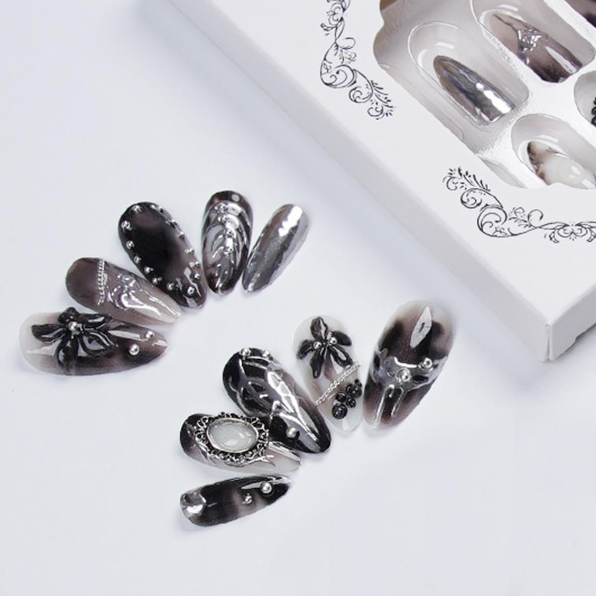 Goth Press-On Nails | 24 Pcs Medium Almond Silver Chrome Baroque Design | Reusable Black Full Cover