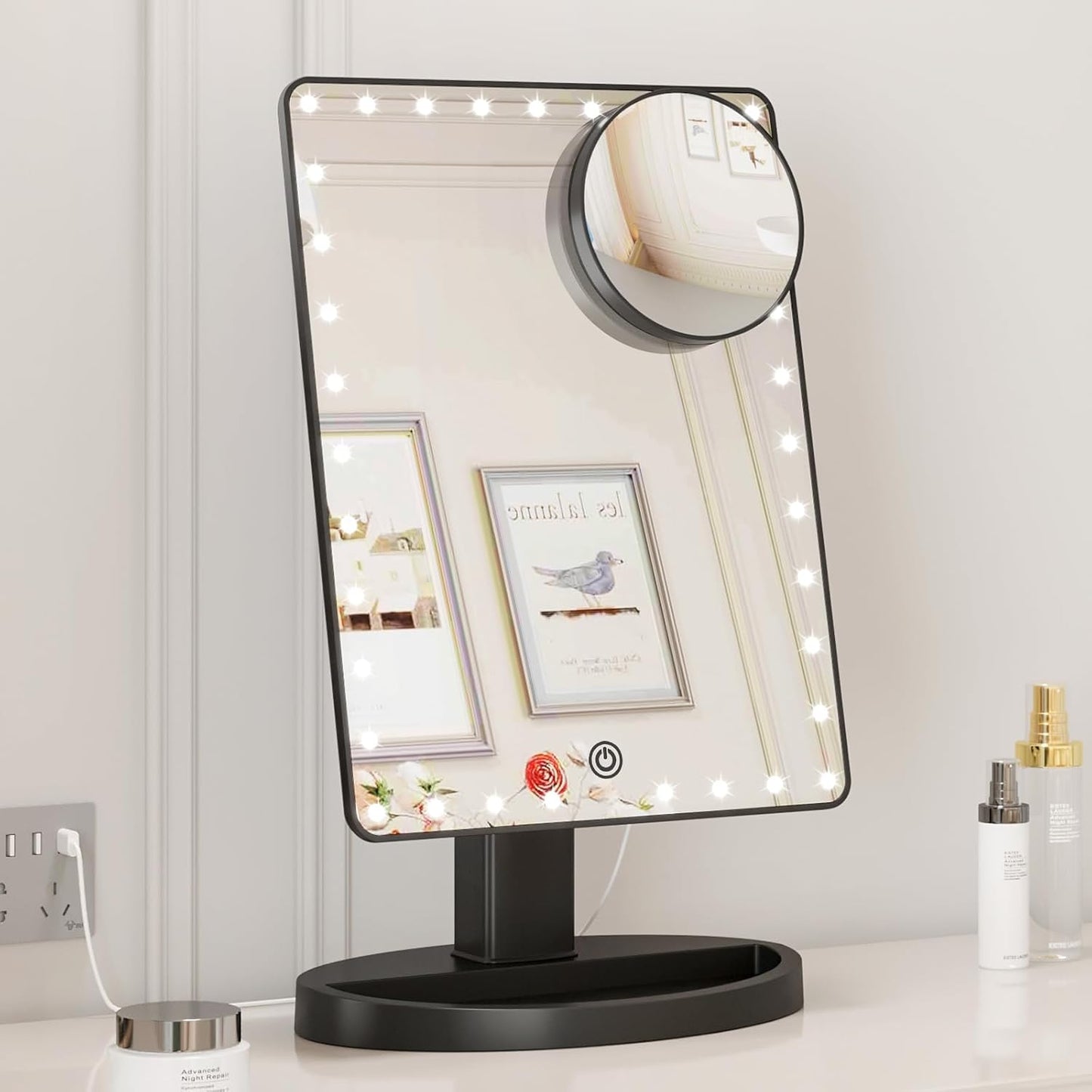Large Lighted Makeup Mirror - 10x Magnification, 360° Rotation | Adjustable Brightness for Desk Use