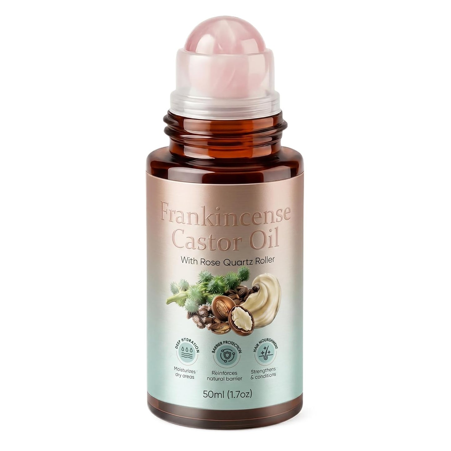 Organic Castor Oil Rose Quartz Roller - Cold-Pressed Beauty Oil for Eyebrows, Face & Neck | 1.7 Fl Oz