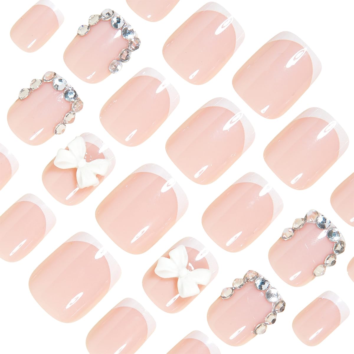 Square Press-On Nails - 24Pcs Short French Tip with 3D White Bow & Rhinestones | Glossy Pink Reusable Acrylic for Weddings & Daily DIY