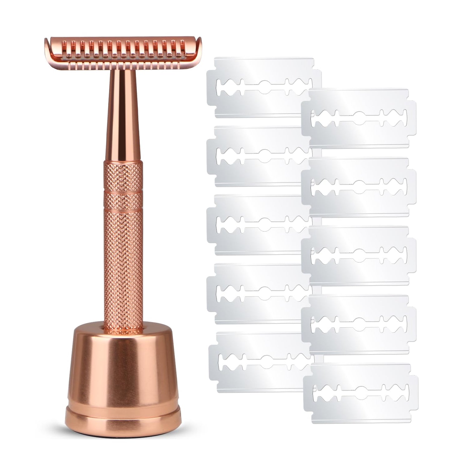 Double Edge Safety Razor with 10 Blades and Stand, Single Blade Razors for Men and Women, Long and Heavy Duty Stainless Steel Handle, Smooth Close Gentle Shave, Rose Gold